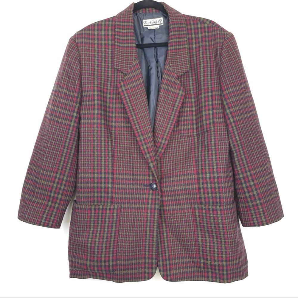 Vintage Women’s Wool-Blend Single Button Blazer Red & Green Plaid Size 14